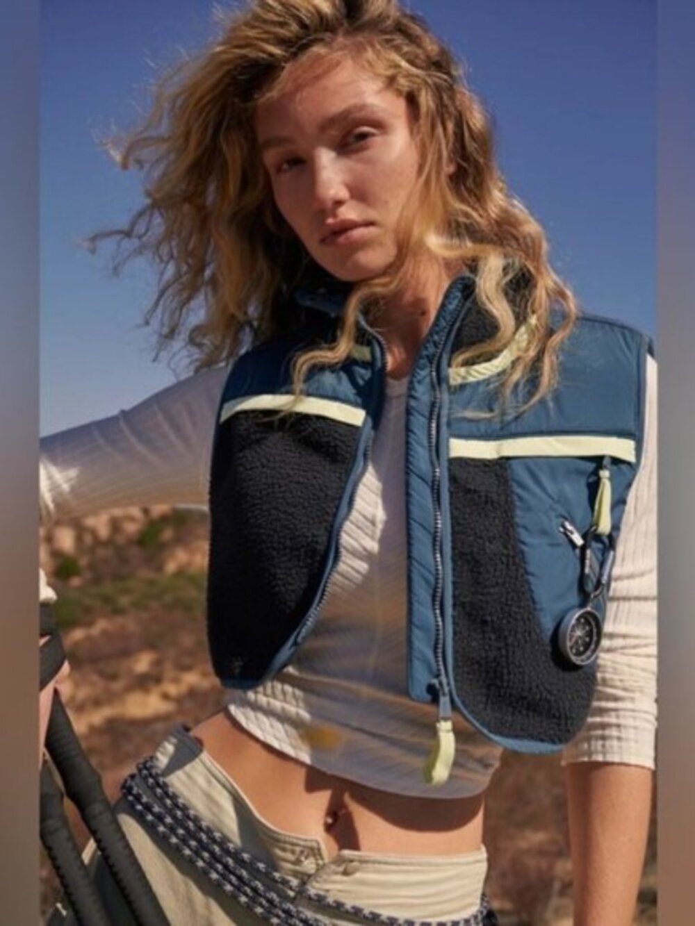 FREE PEOPLE Teddy Fleece Colorblock Vest XL | Sherpa Zip Up Hiking Gorpcore